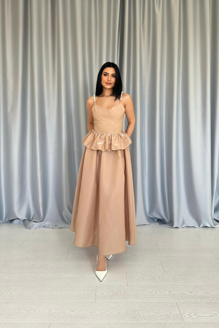 Camel Waist Gathered Pearl Strap Long Dress