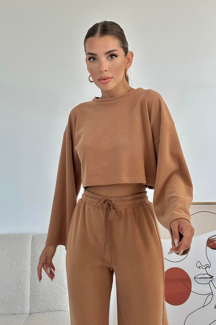 Camel Corduroy Blouse And Trousers Set