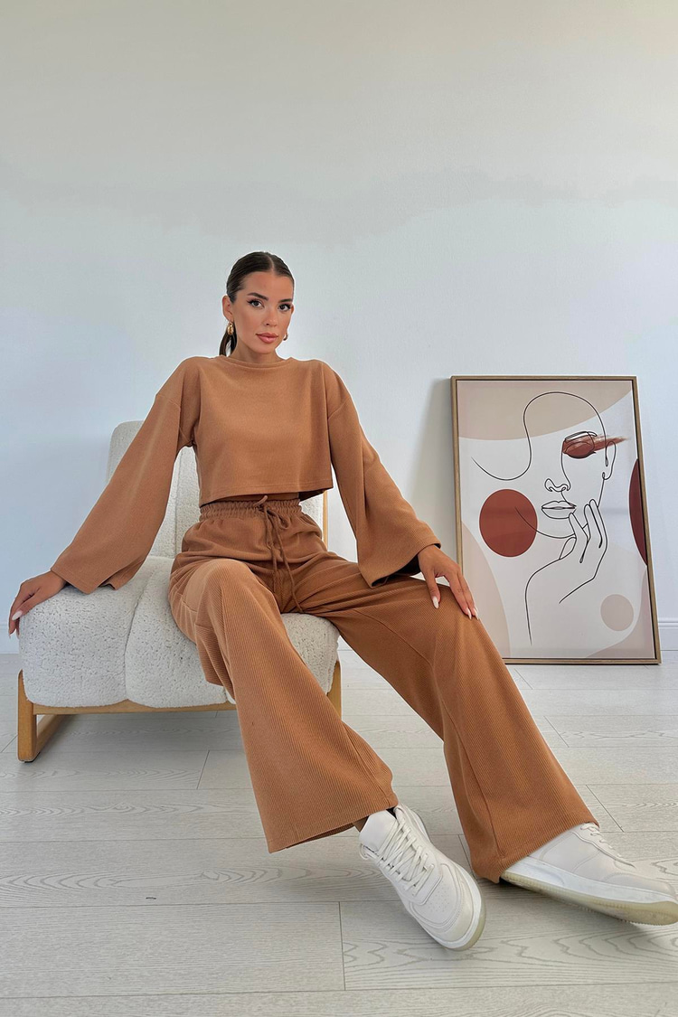 Camel Corduroy Blouse And Trousers Set