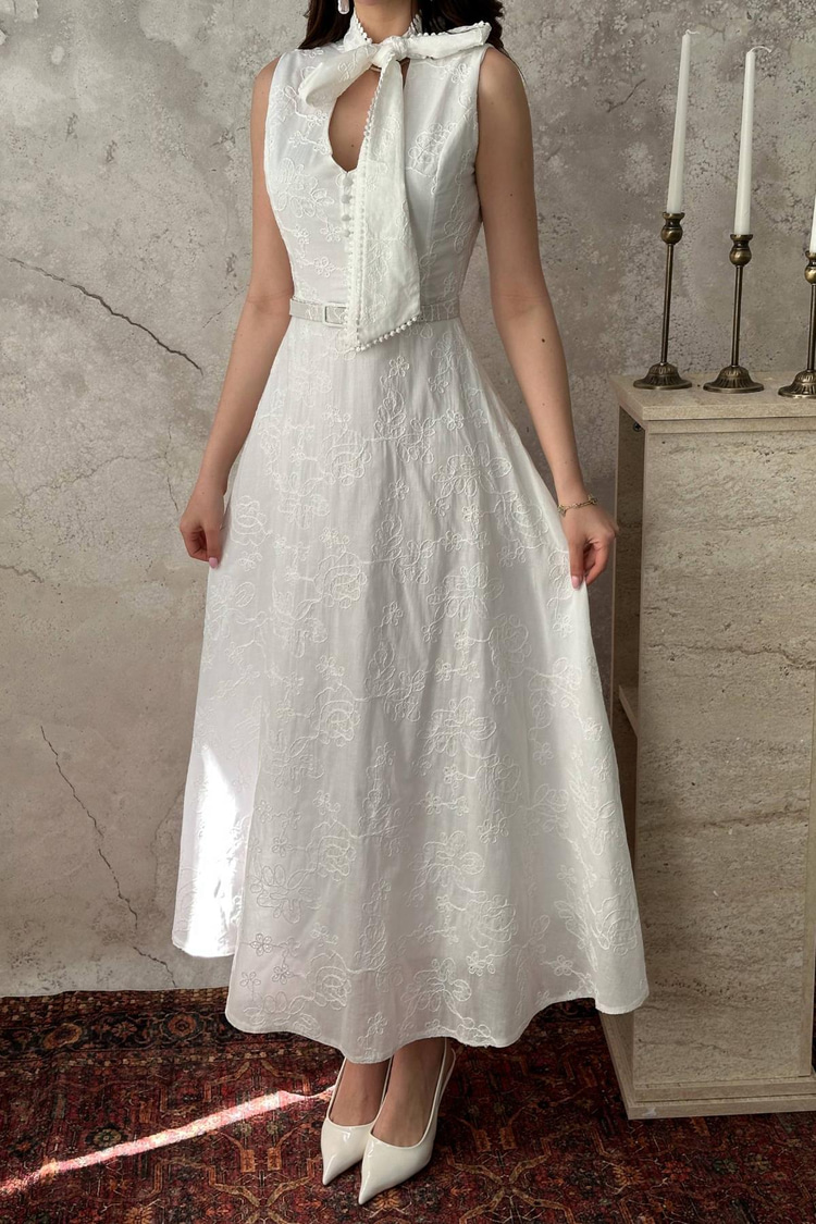 Off-White Embroidered Halter Dress