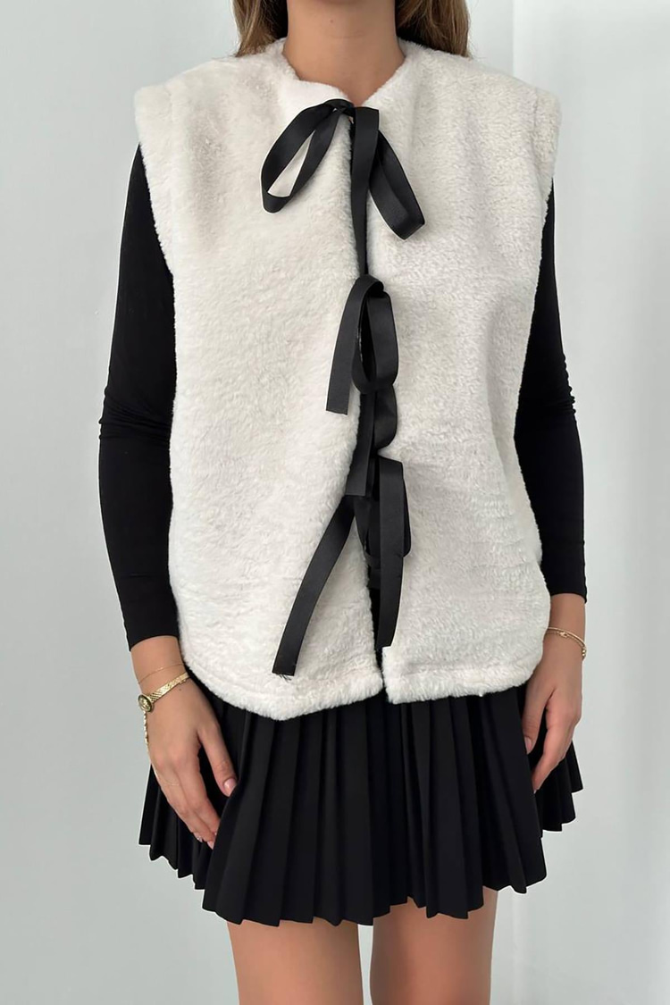 Off-White Plush Vest With Bow