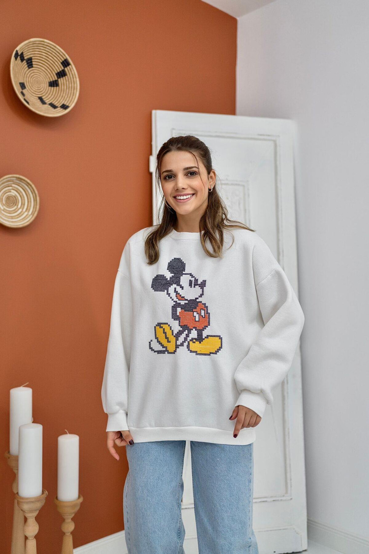 Ekru Mickey Mouse Desenli Sweatshirt