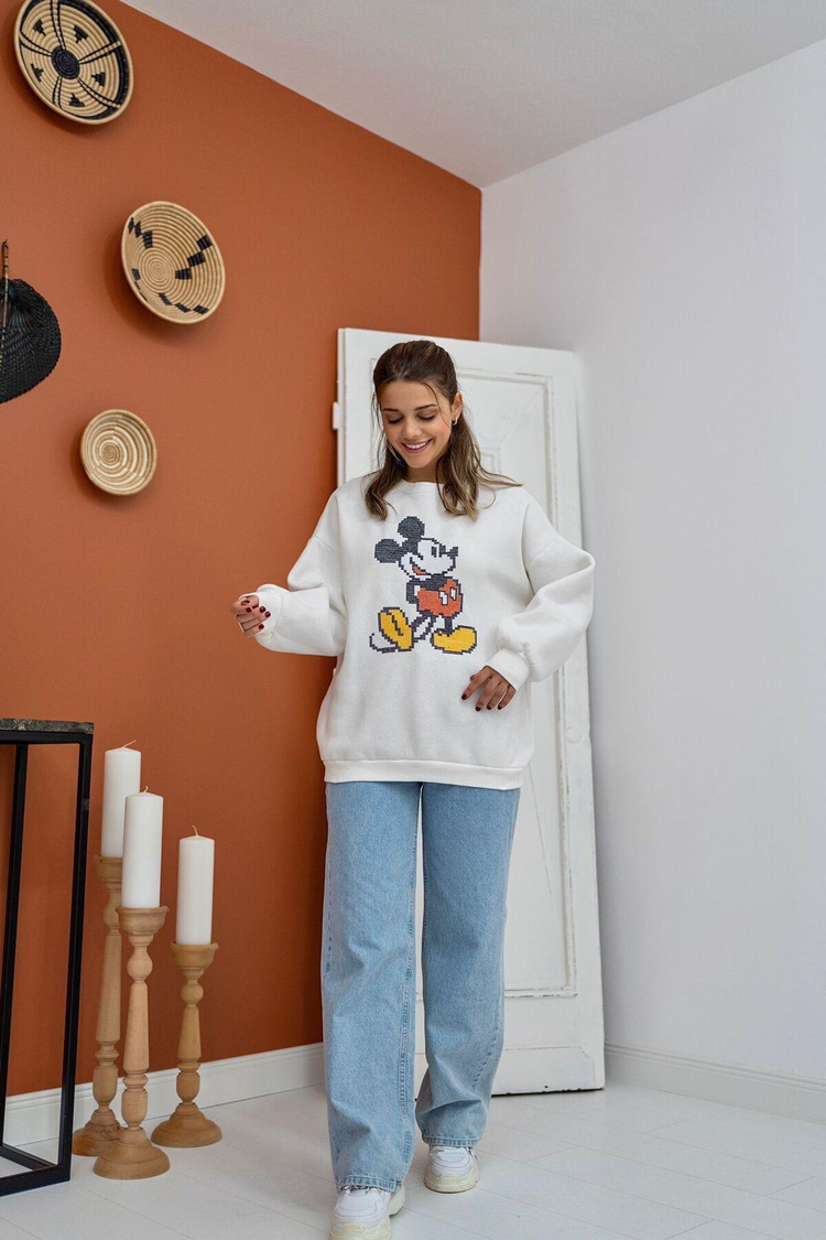Ekru Mickey Mouse Desenli Sweatshirt