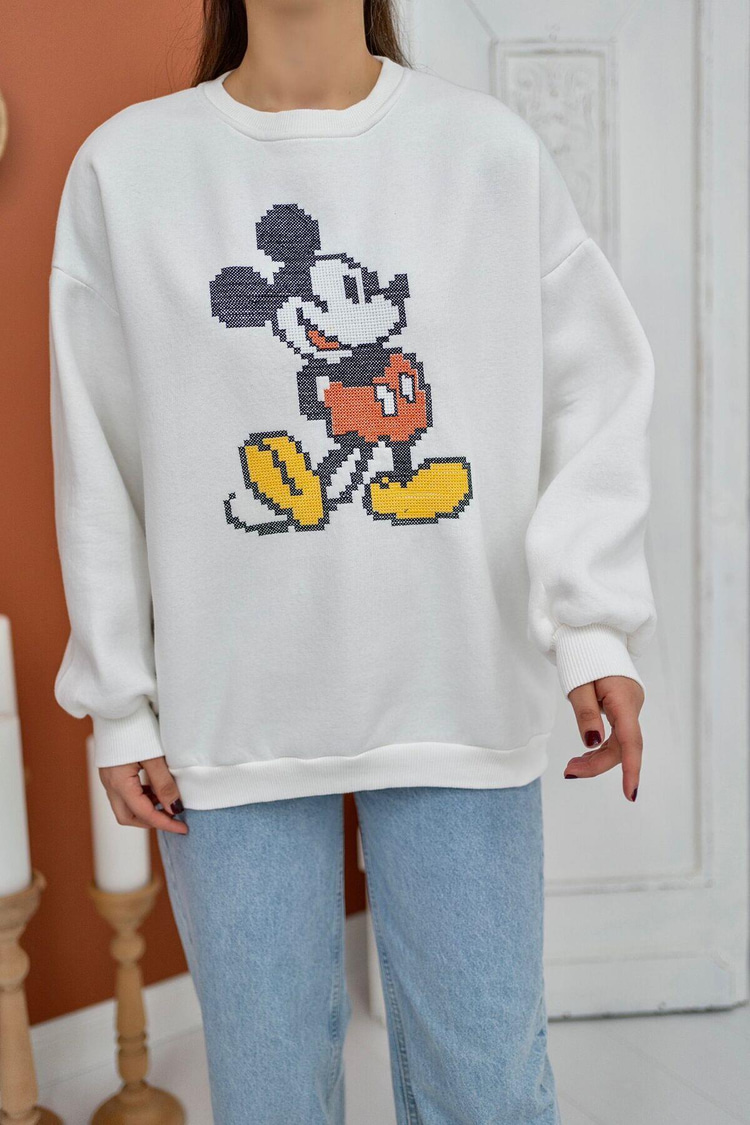 Ekru Mickey Mouse Desenli Sweatshirt