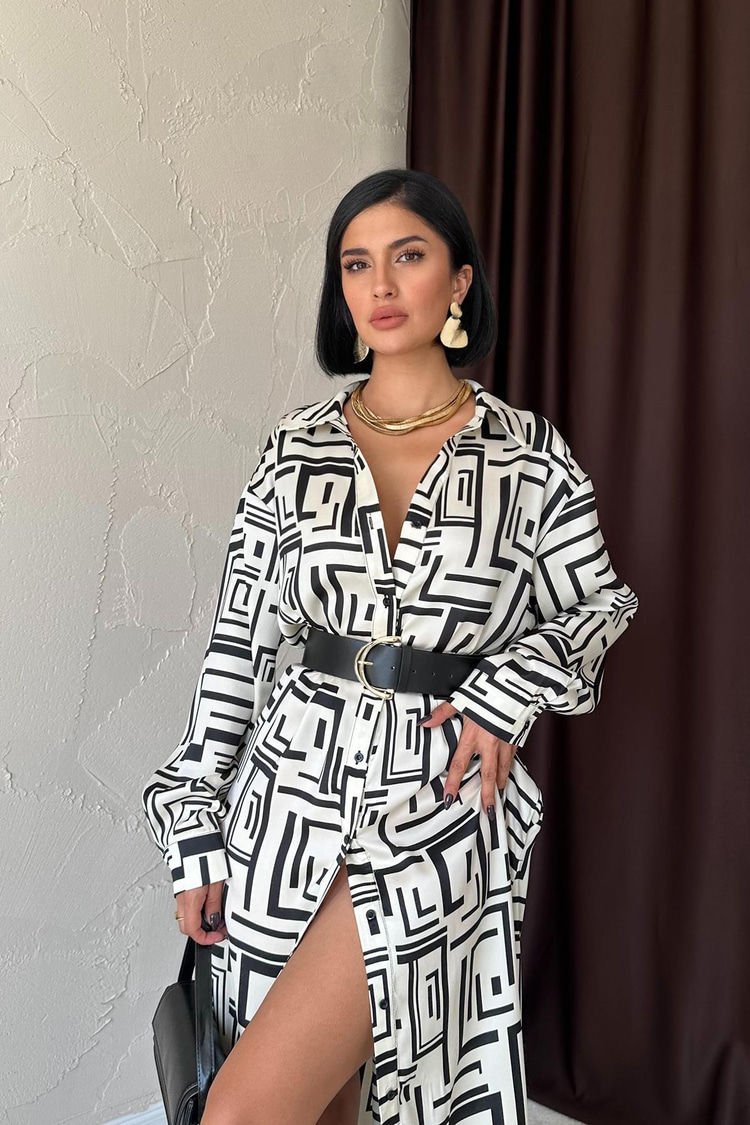 Off-White Long Shirt Patterned Dress