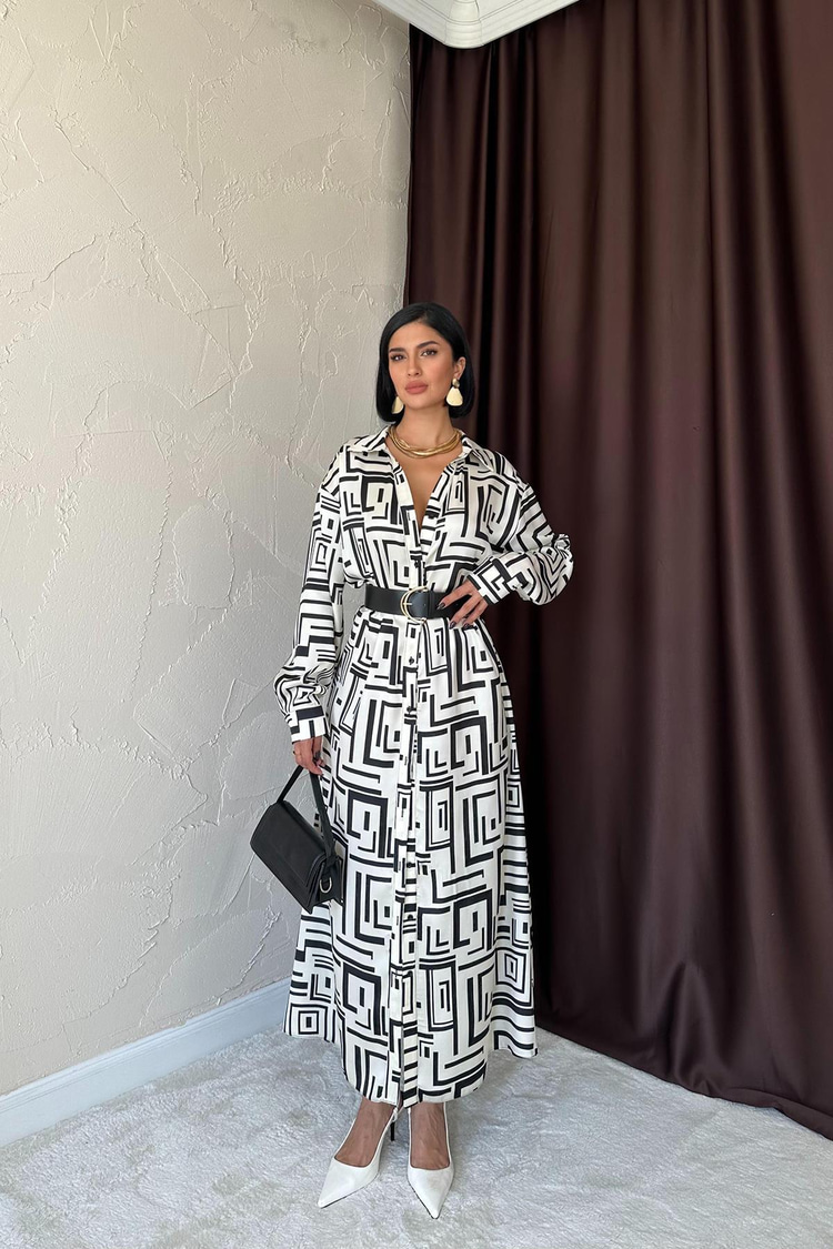 Off-White Long Shirt Patterned Dress
