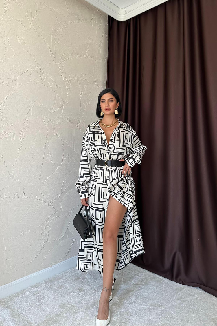 Off-White Long Shirt Patterned Dress