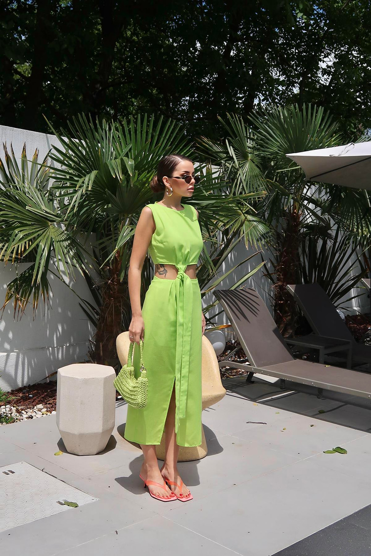 Pistachio Green Belted Crop Top And Skirt Set