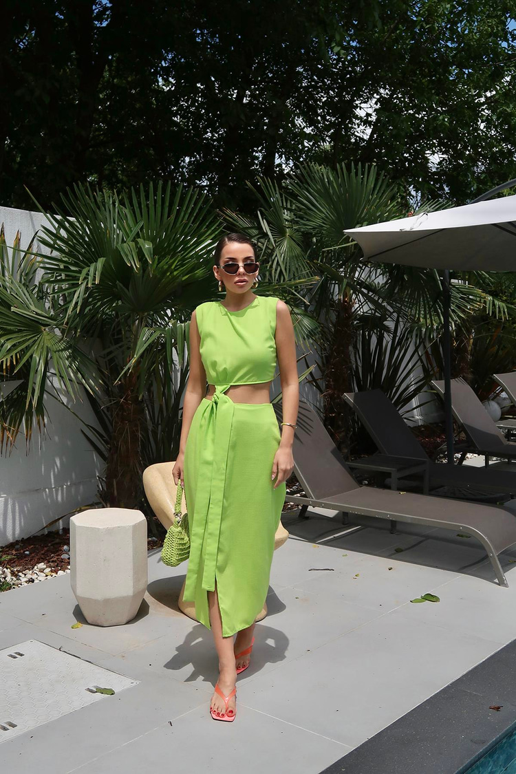Pistachio Green Belted Crop Top And Skirt Set