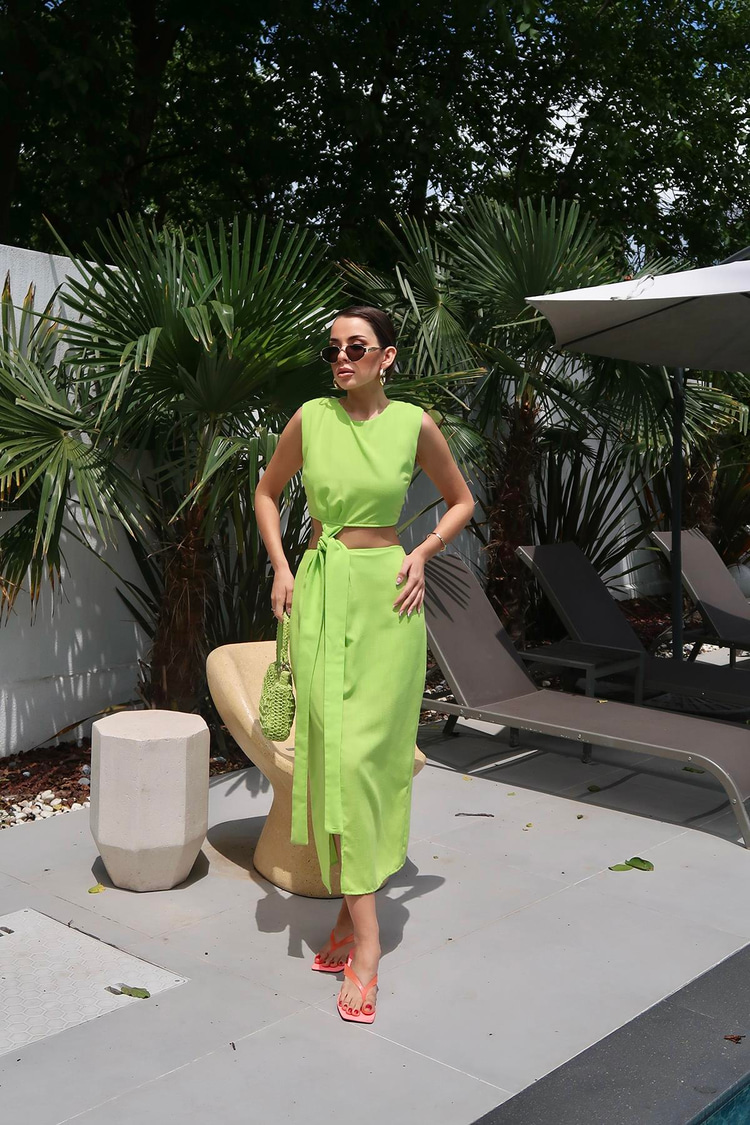 Pistachio Green Belted Crop Top And Skirt Set