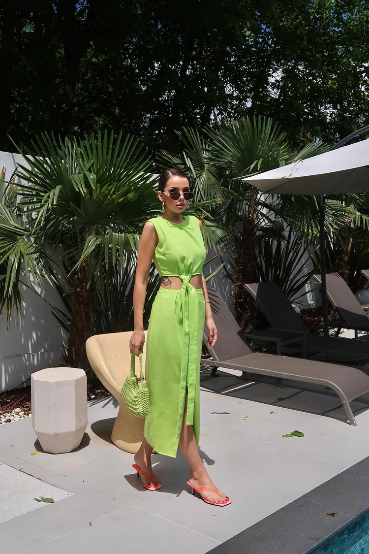 Pistachio Green Belted Crop Top And Skirt Set