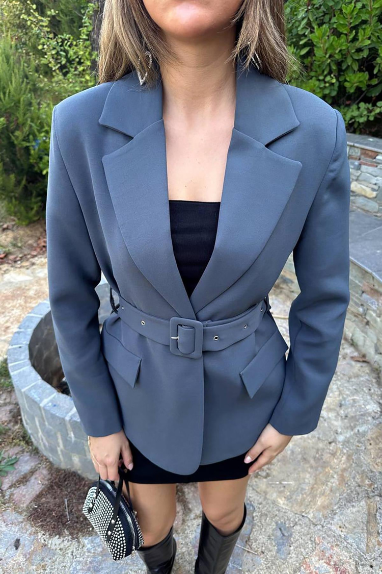 Smoke Gray Jacket With Pocket Flaps And Belt