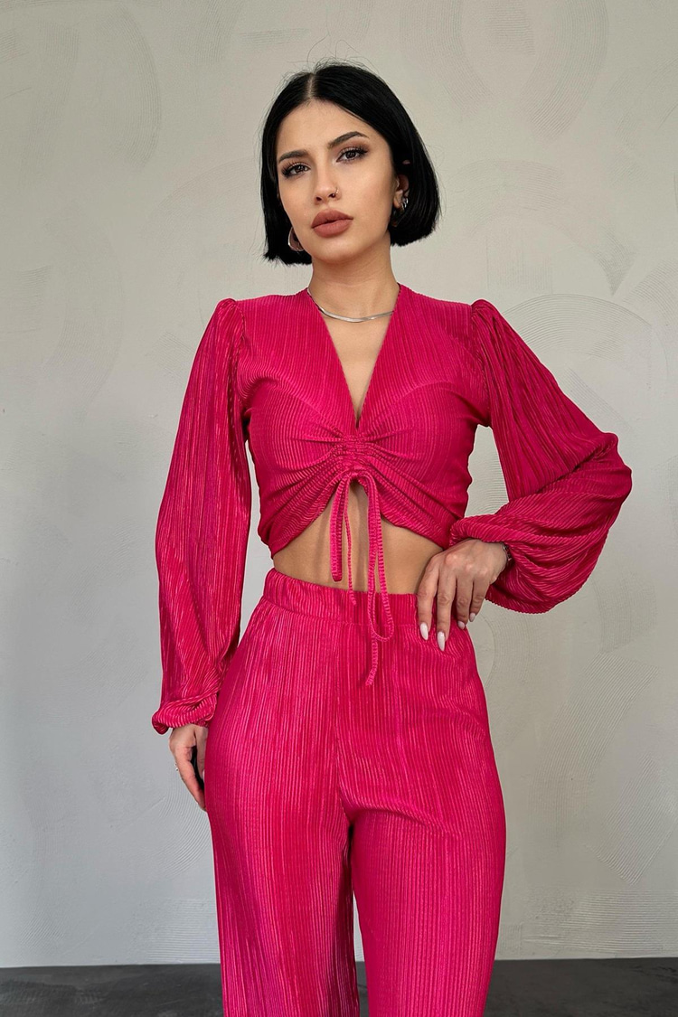 Fuchsia Corduroy Blouse And Trousers Set