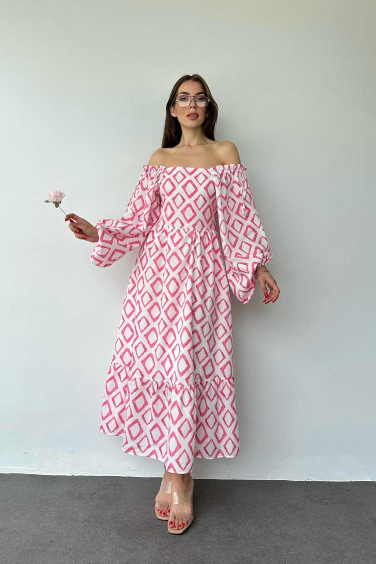 Fuchsia Square Neck Diamond Pattern Dress