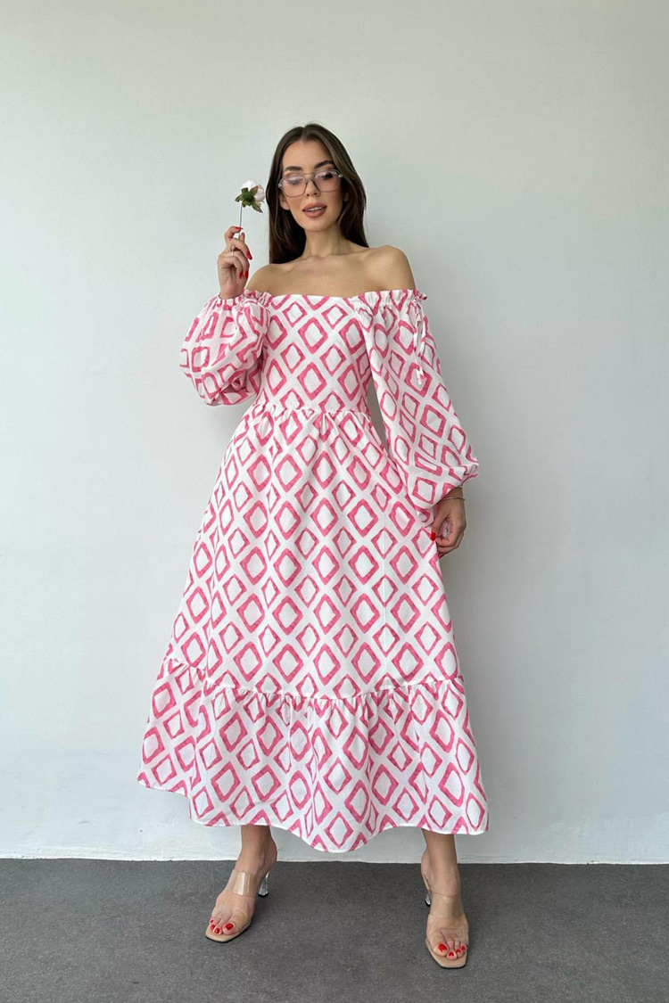 Fuchsia Square Neck Diamond Pattern Dress
