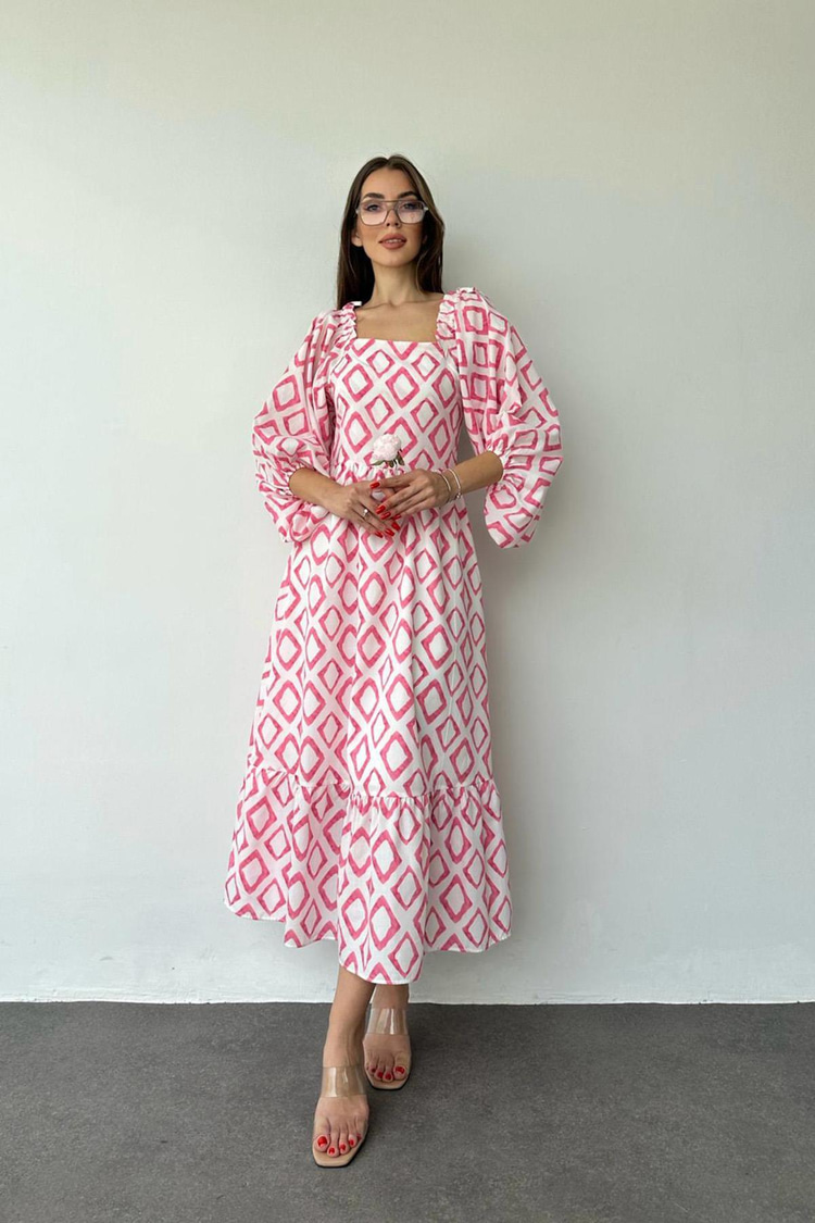 Fuchsia Square Neck Diamond Pattern Dress