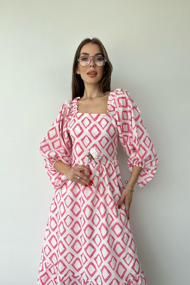 Fuchsia Square Neck Diamond Pattern Dress
