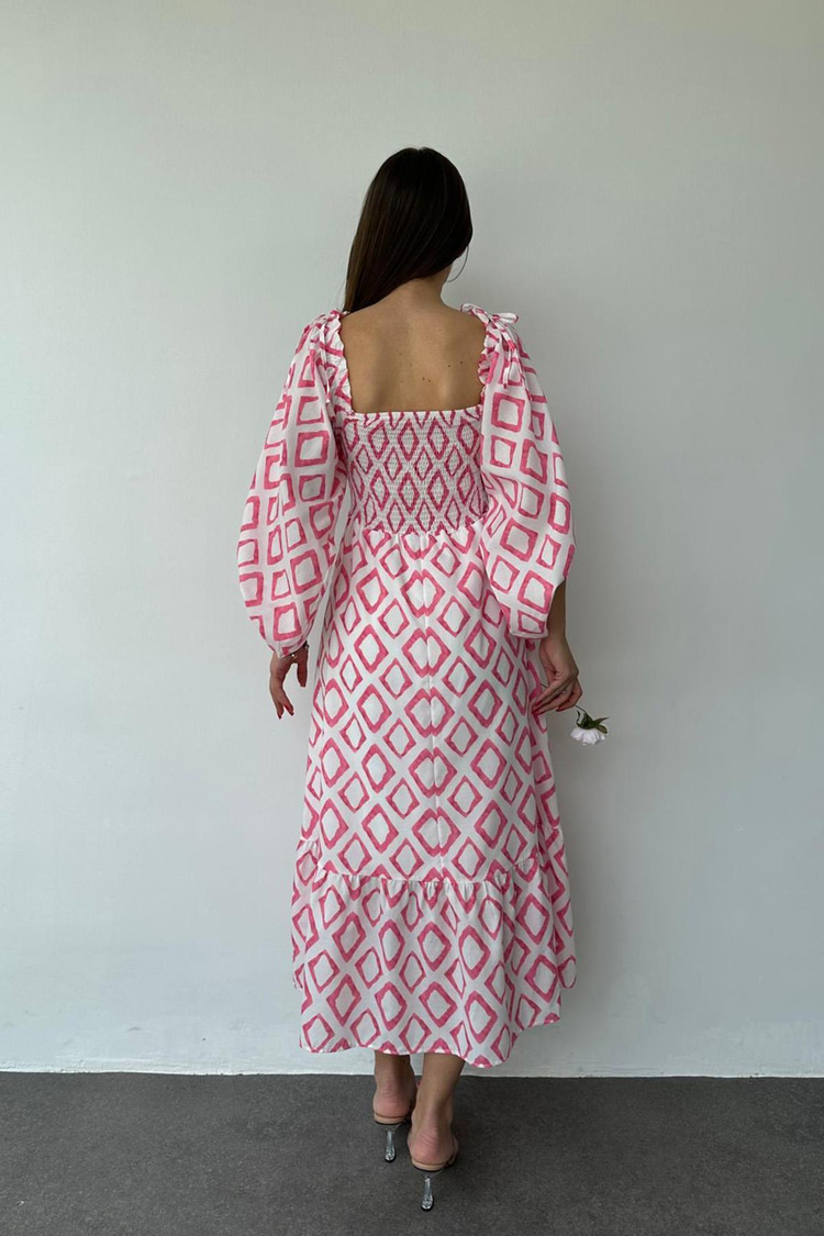 Fuchsia Square Neck Diamond Pattern Dress