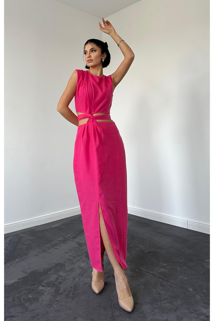 Fuchsia Belted Crop Top And Skirt Set