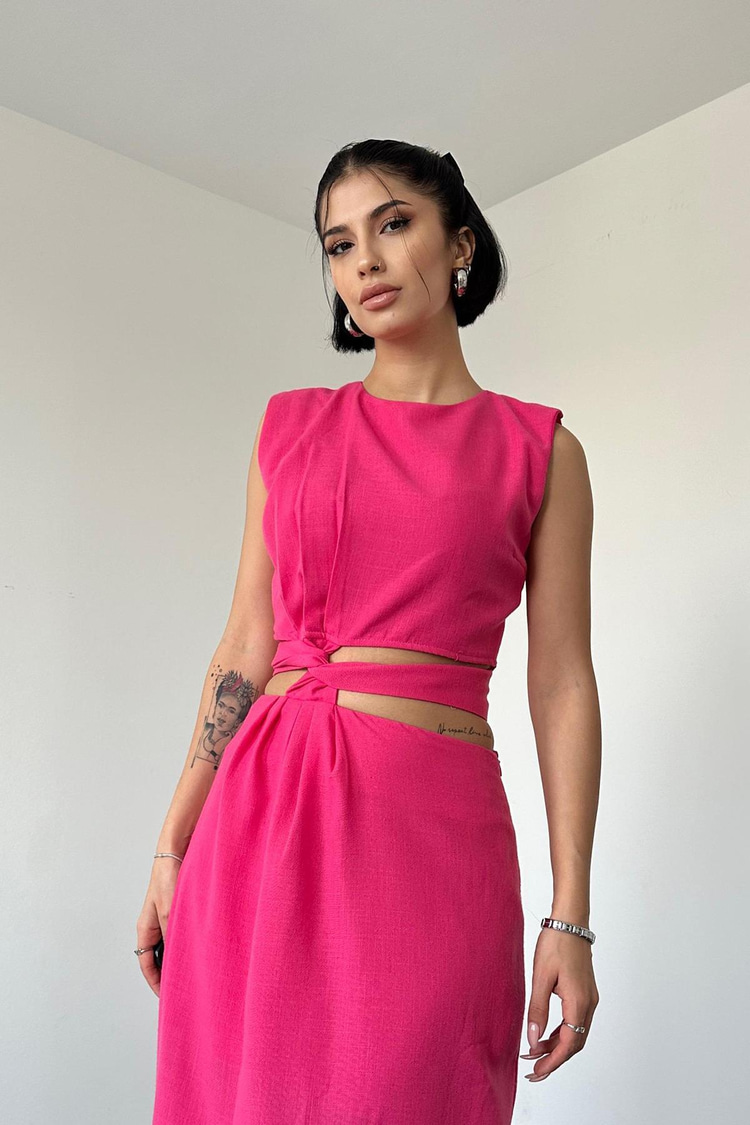 Fuchsia Belted Crop Top And Skirt Set