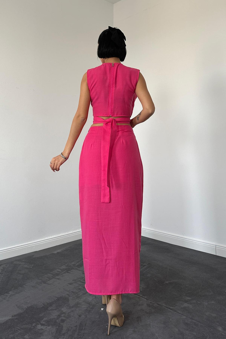 Fuchsia Belted Crop Top And Skirt Set