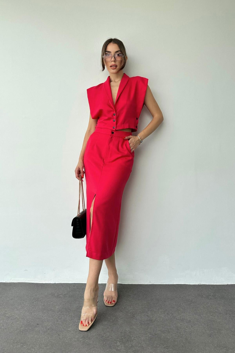 Fuchsia Front And Side Buttoned Vest And Skirt Set