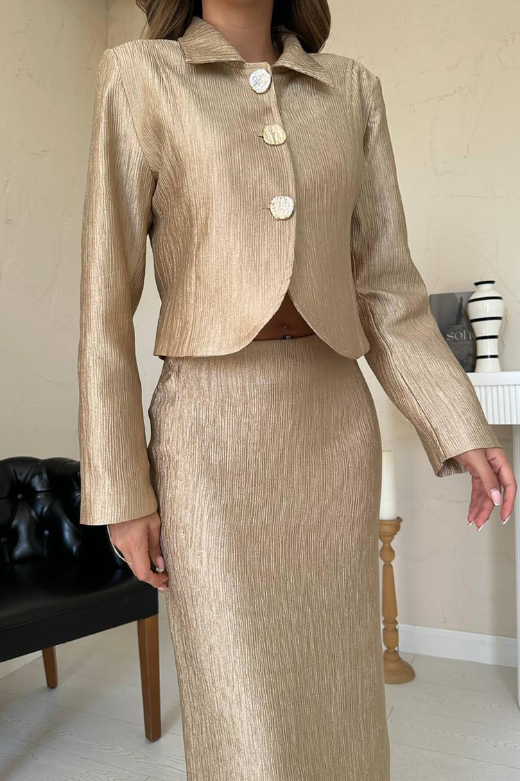 Gold Shiny Jacket And Skirt Set