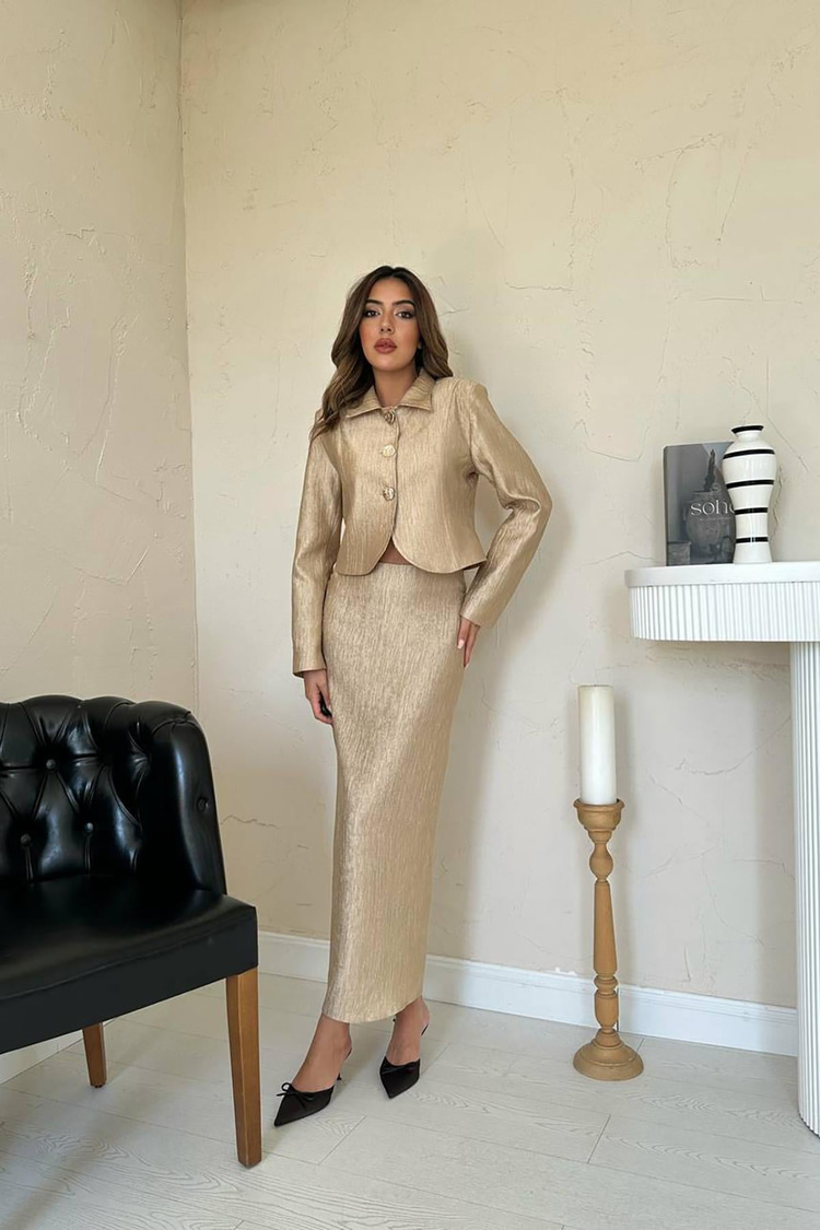 Gold Shiny Jacket And Skirt Set