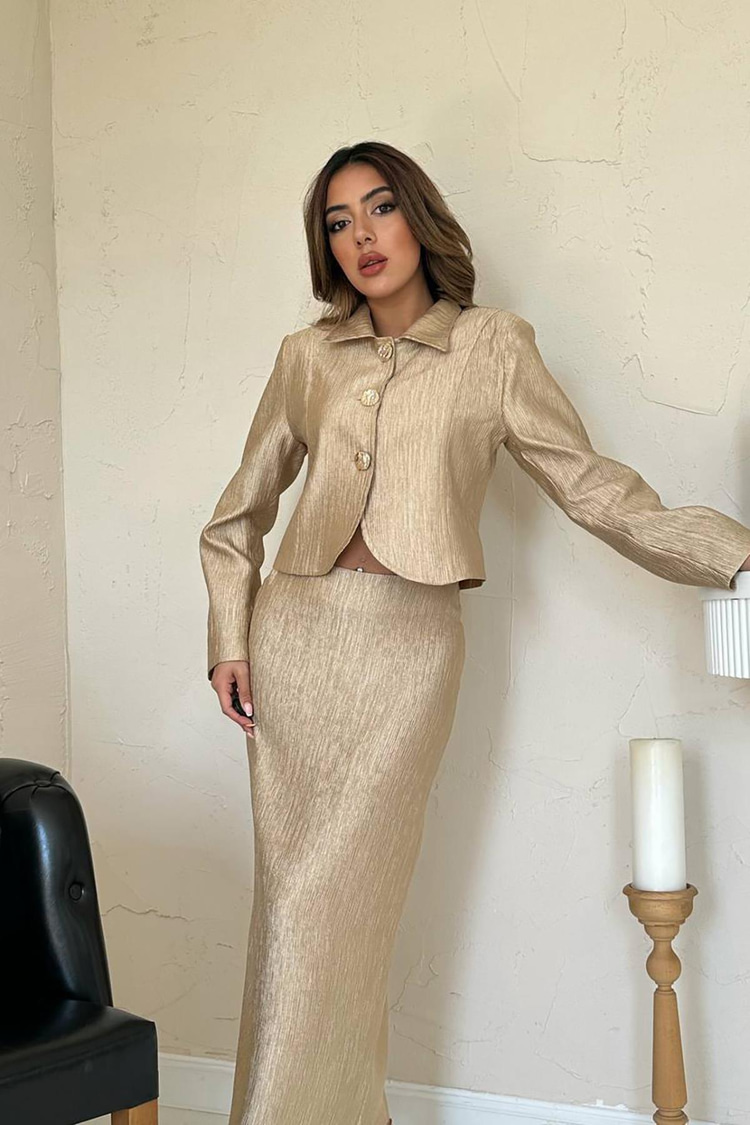 Gold Shiny Jacket And Skirt Set