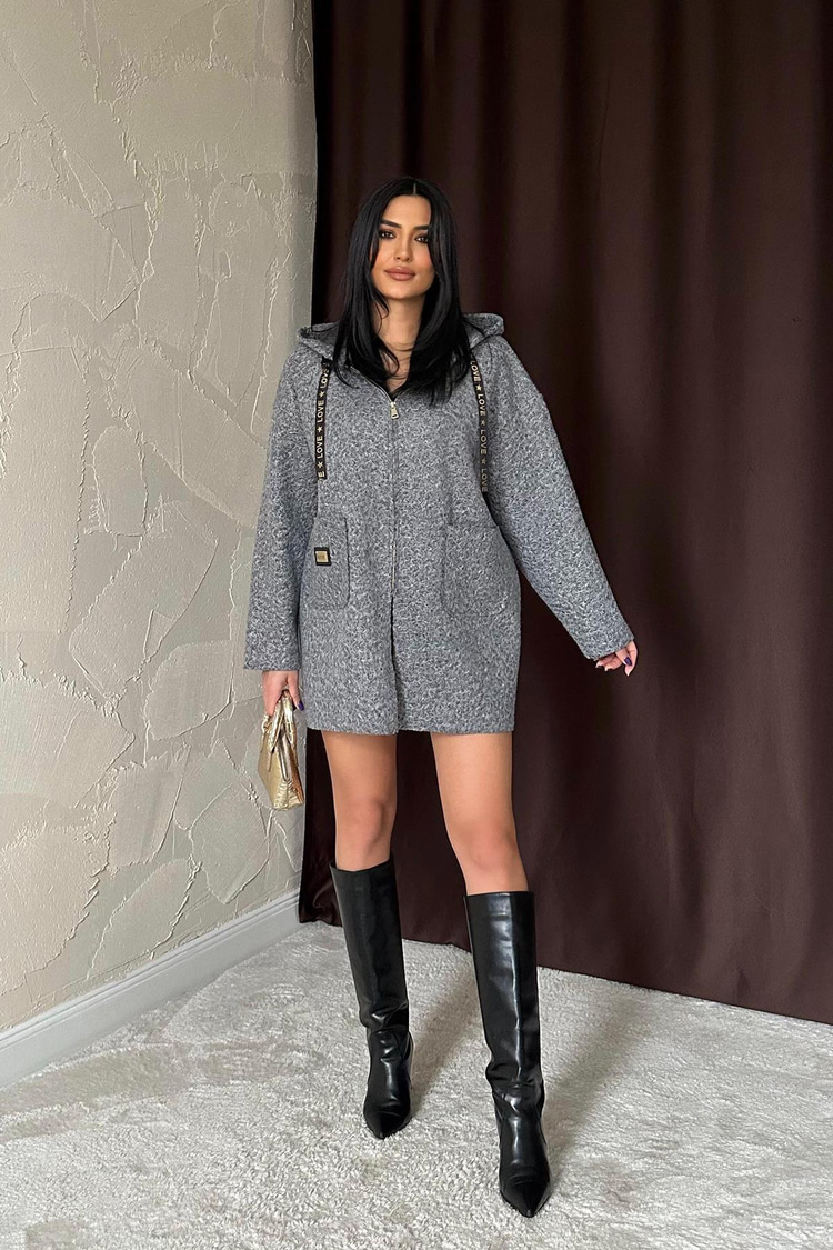 Gray Emblem Hooded Plush Jacket