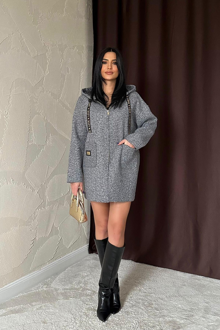 Gray Emblem Hooded Plush Jacket