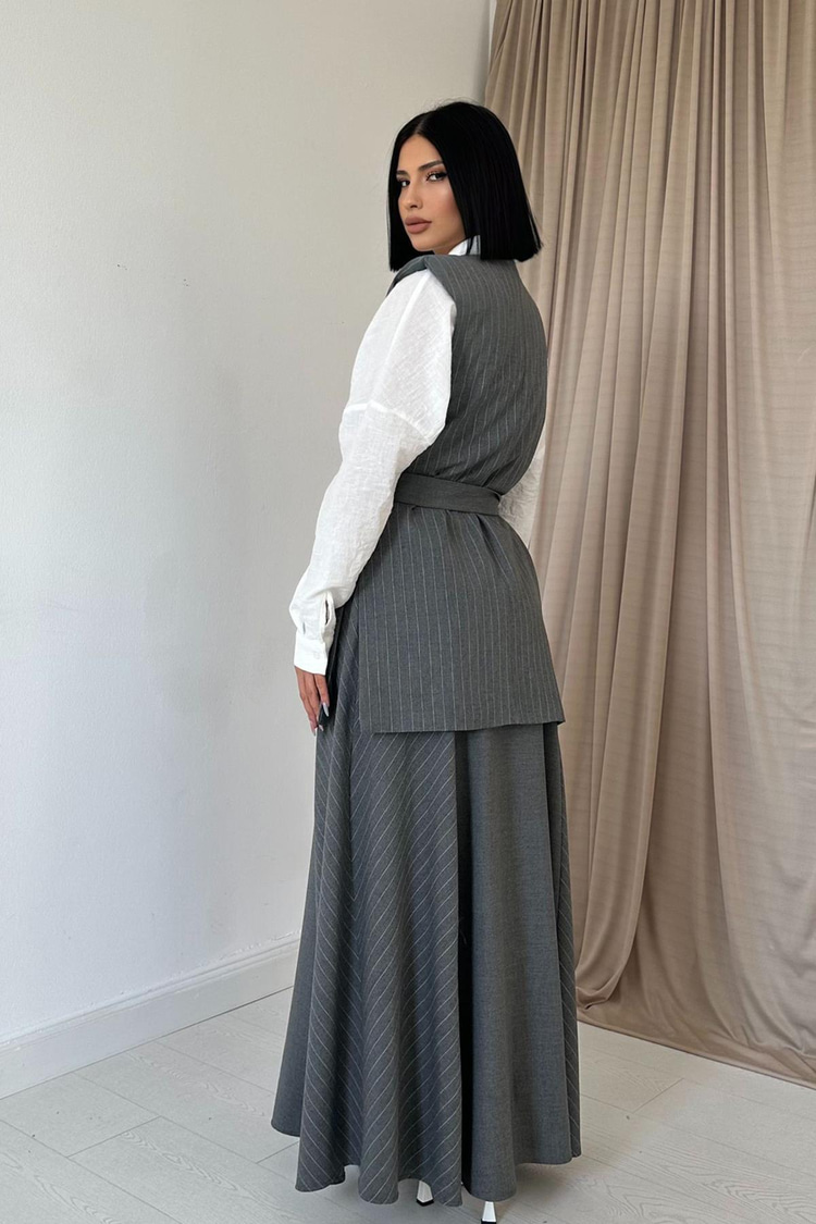 Gray Striped Long Vest And Skirt Set