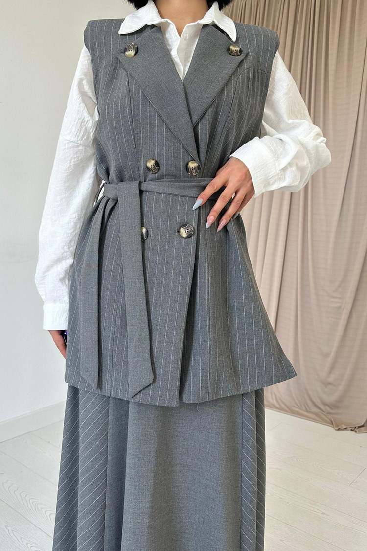 Gray Striped Long Vest And Skirt Set