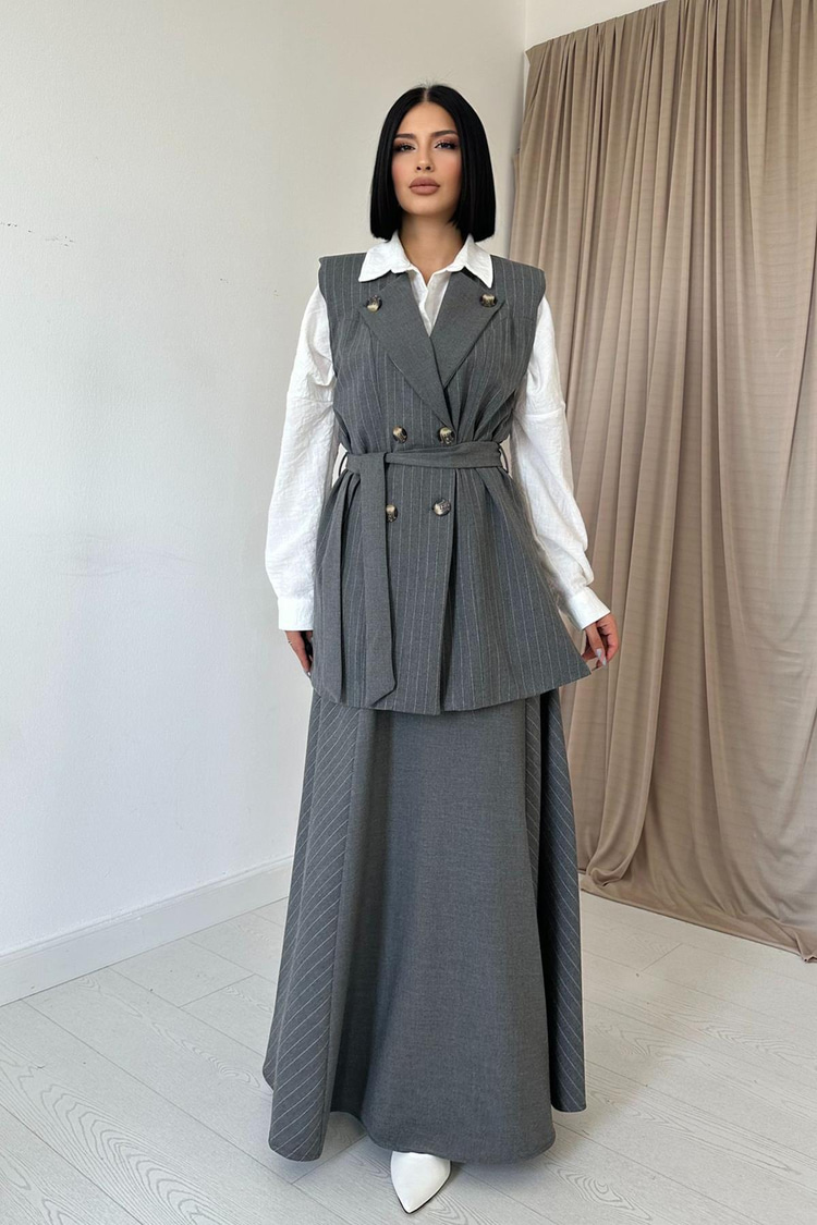 Gray Striped Long Vest And Skirt Set