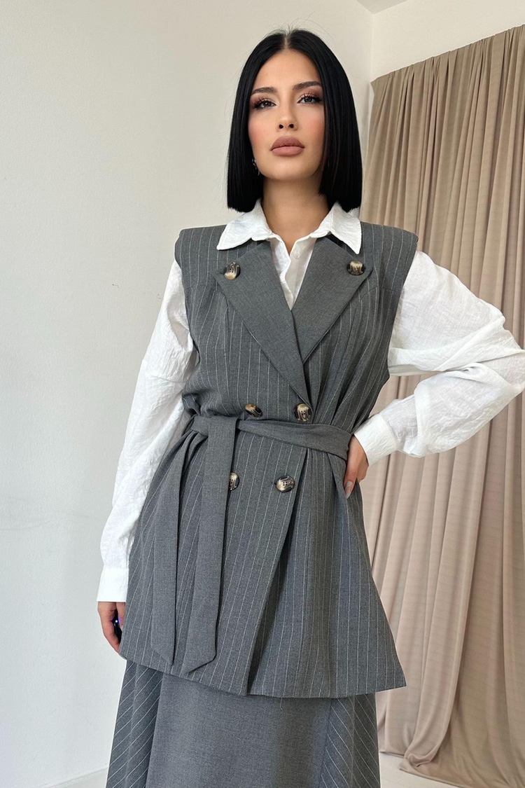 Gray Striped Long Vest And Skirt Set