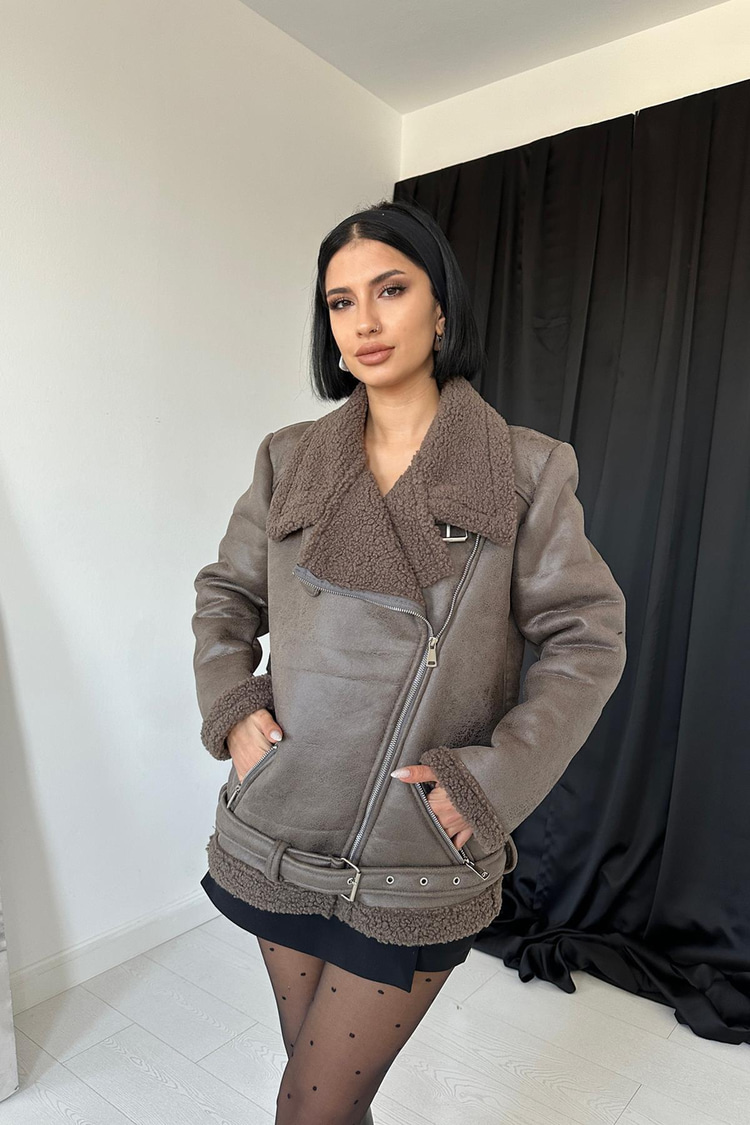 Khaki Fur-Lined Jacket With Epaulets