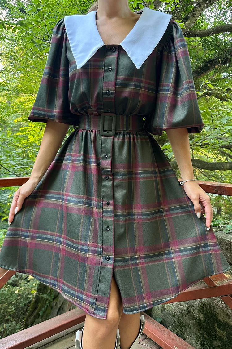 Khaki Baby Collar Plaid Dress