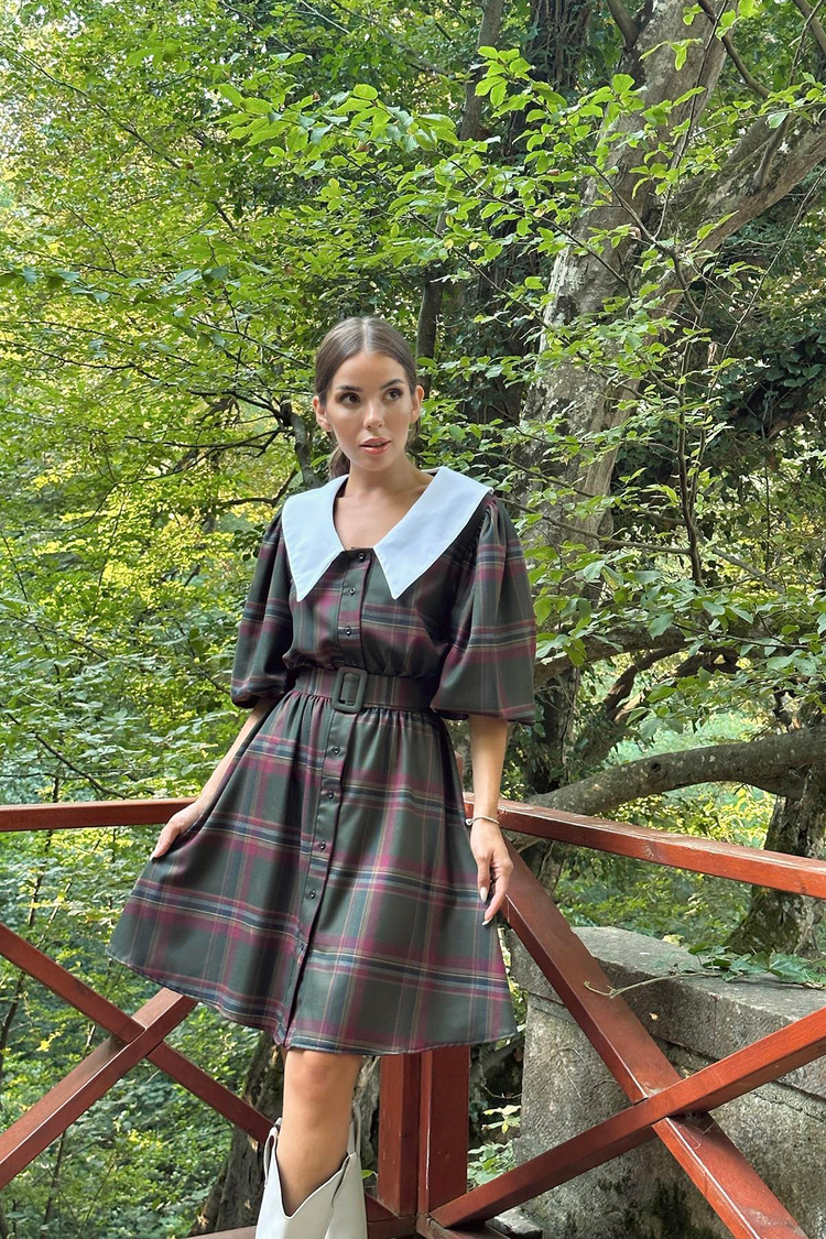 Khaki Baby Collar Plaid Dress