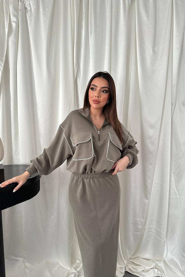 Haki Biyeli Sweatshirt Ve Etek Takım
