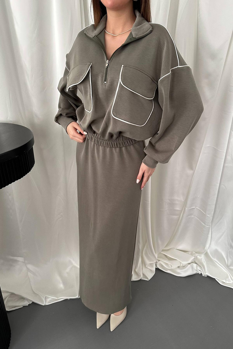 Haki Biyeli Sweatshirt Ve Etek Takım