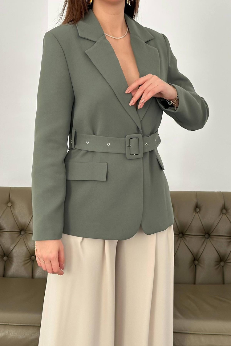 Khaki Jacket With Pocket Flaps And Belt