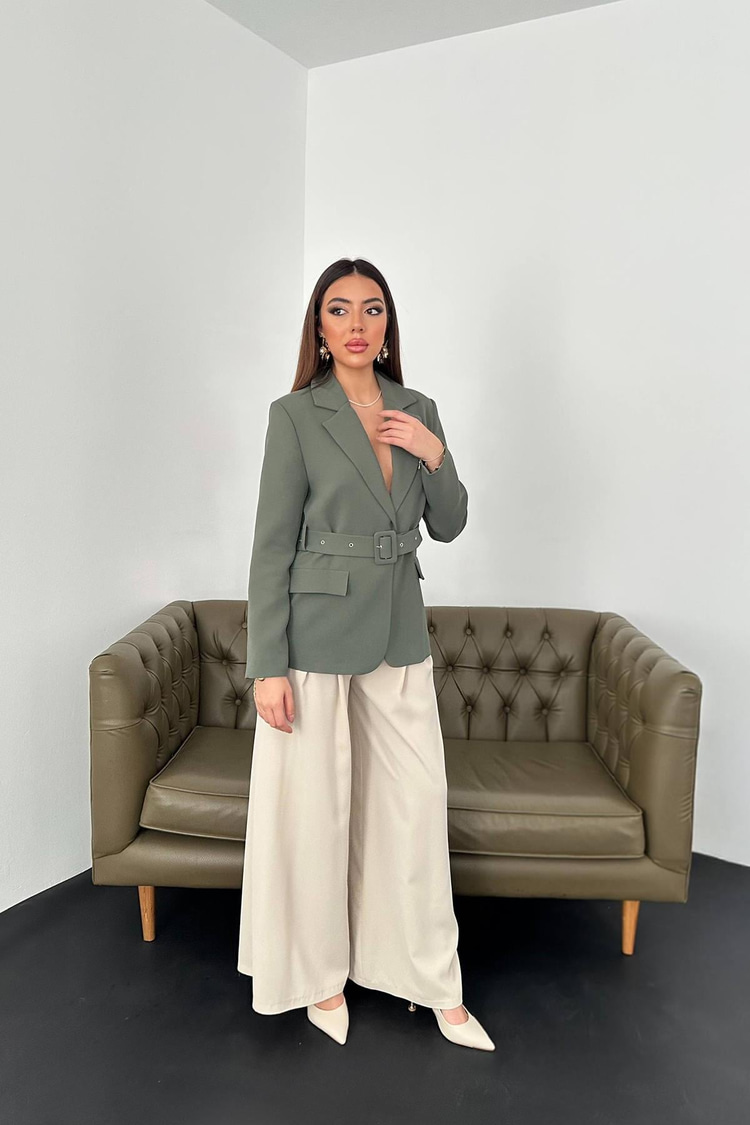 Khaki Jacket With Pocket Flaps And Belt