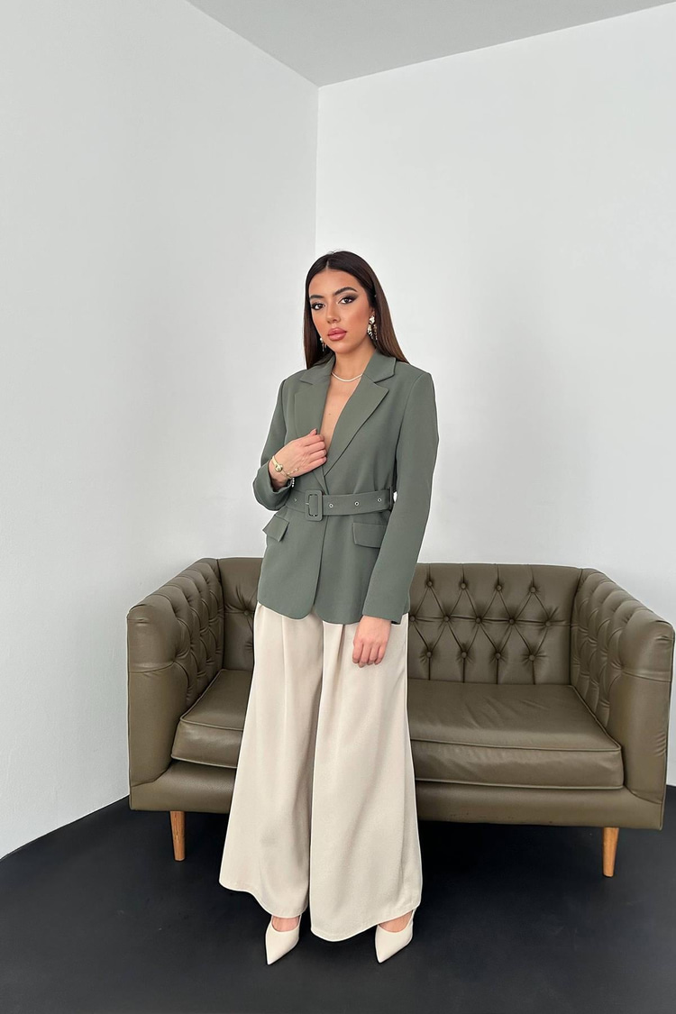 Khaki Jacket With Pocket Flaps And Belt