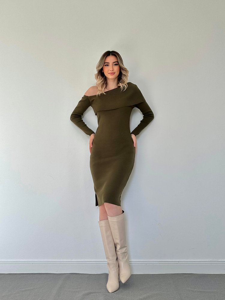 Khaki Off-Shoulder Mini Knit Dress