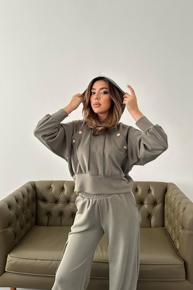 Haki Kapüşonlu Sweatshirt Ve Kargo Pantolon Takım