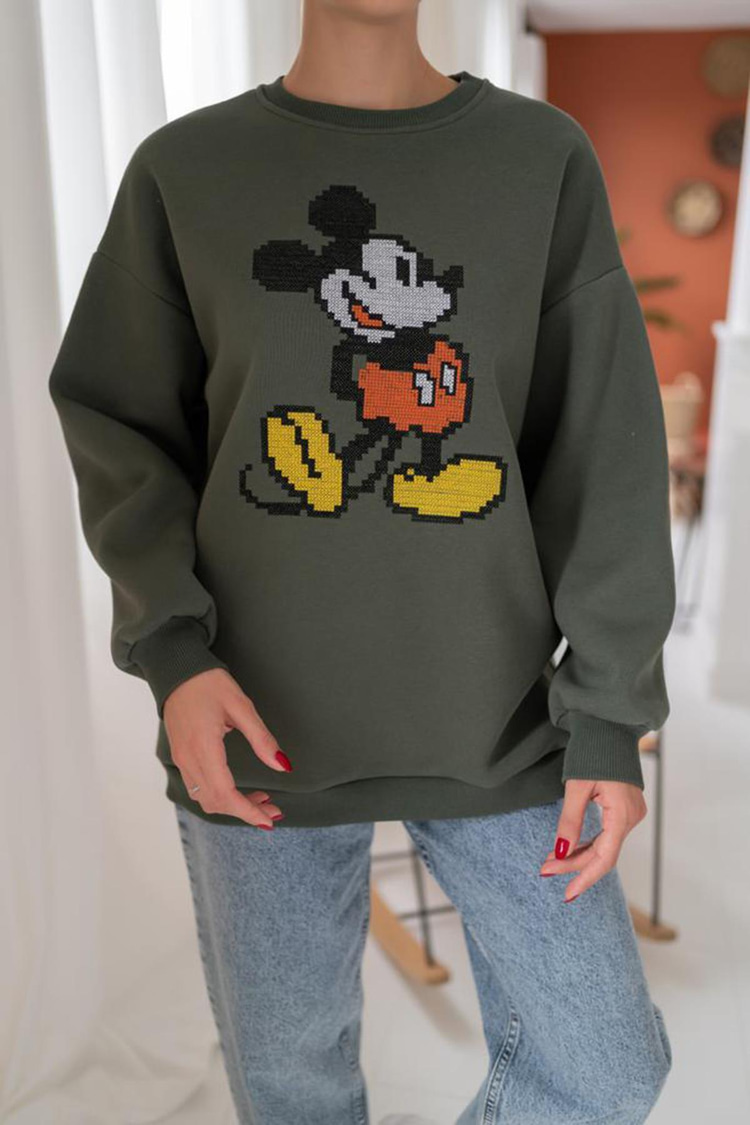 Haki Mickey Mouse Desenli Sweatshirt