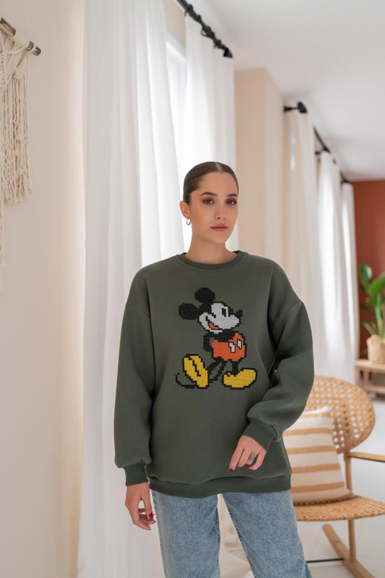 Haki Mickey Mouse Desenli Sweatshirt