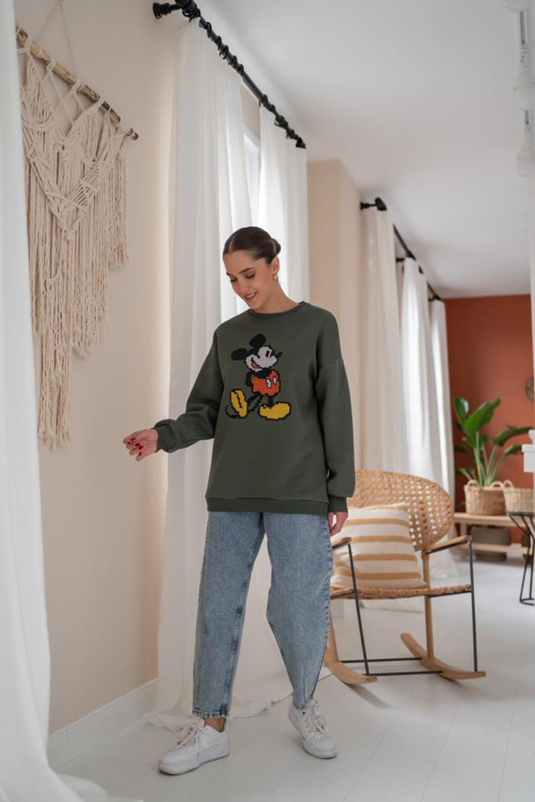 Haki Mickey Mouse Desenli Sweatshirt