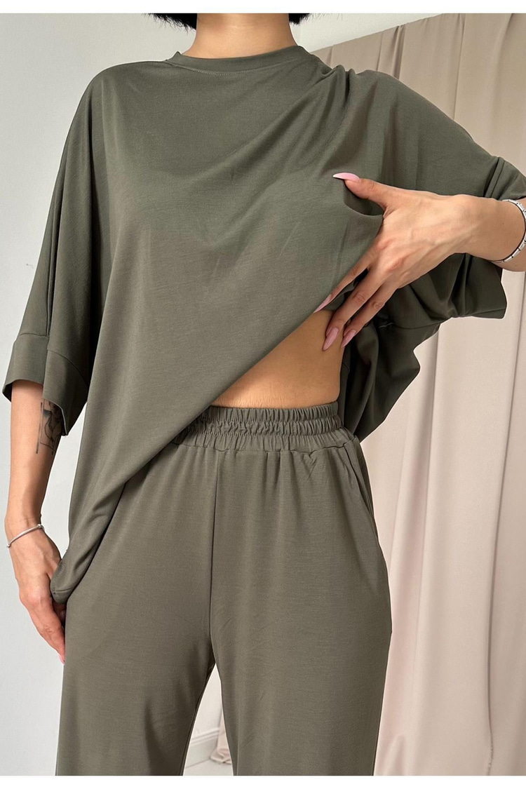 Toptan Haki Modal Bluz ve Pantolon Takım