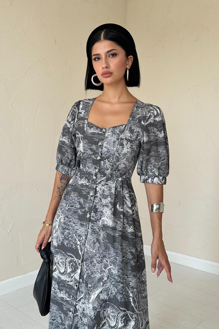 Khaki Button-Front Sweetheart Neckline Dress